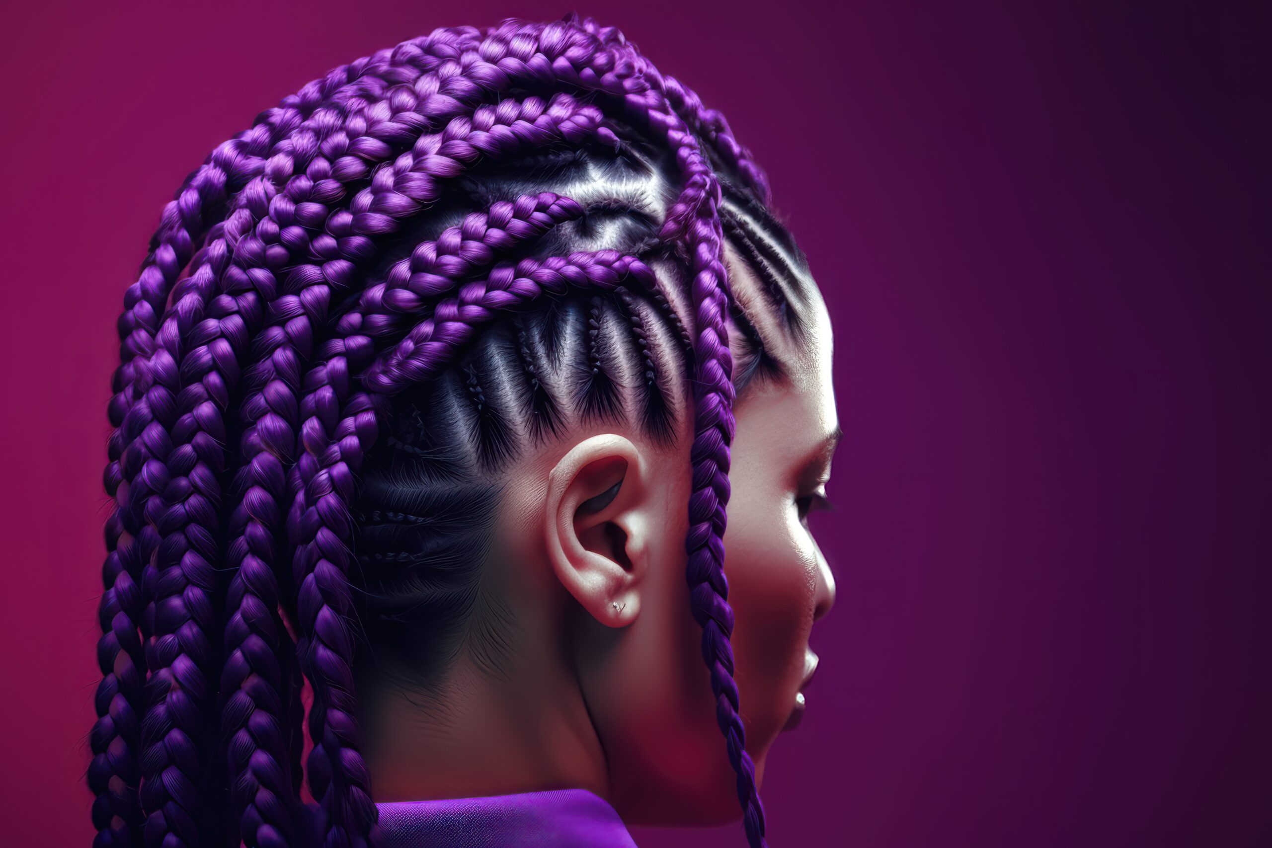 Afro Hair Braided In A Cornrow Hairstyle Using Synthetic Hair Extensions With Purple Color Background. AI generated